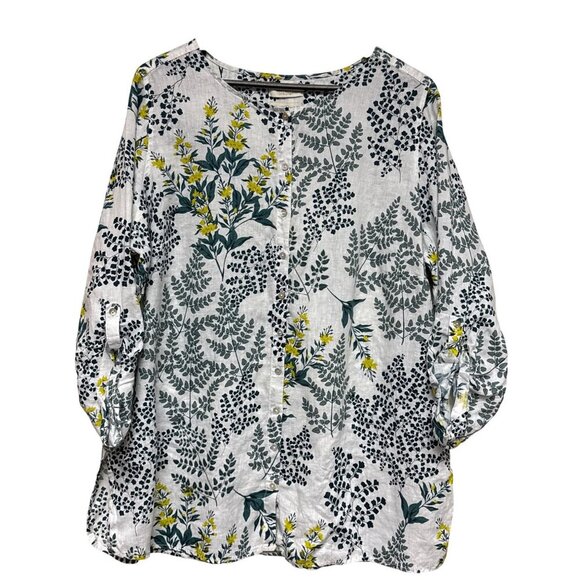 Cynthia Rowley Women's Shirt 100% Linen Floral Roll Tab Sleeve Button Size 1X - Picture 1 of 10